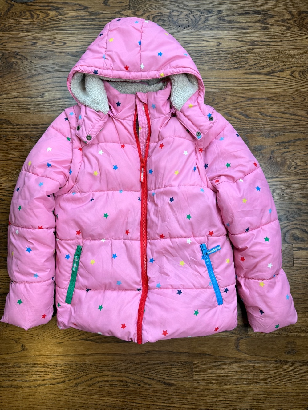 Mini Boden Girls Pink Multicolor Star Print 2-in-1 Puffer Jacket w/ Hood 11-12